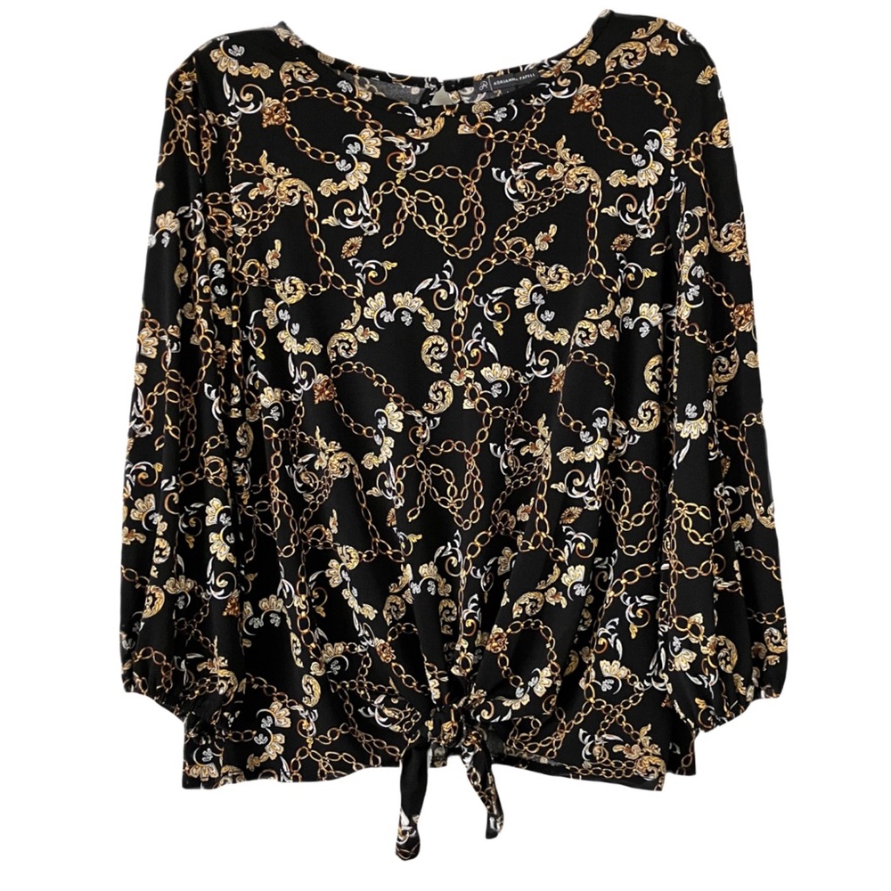 Adrianna Papell Top, Sz. L, 3/4 Length Sleeves, Black w/ Gold Chain Pattern